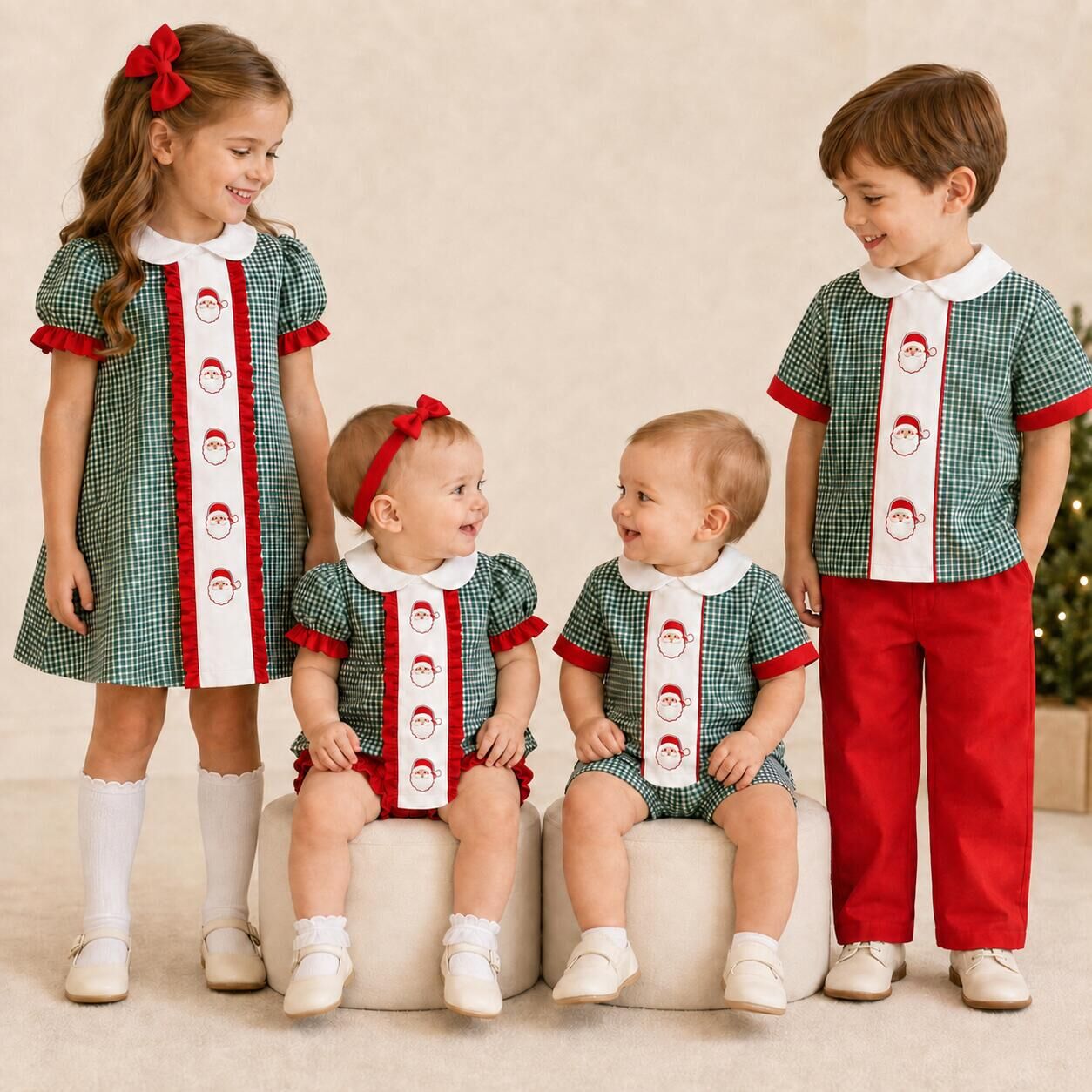 (Pre Order)Siblings Christmas Santa Claus Embroidery Dress,Set&Romper