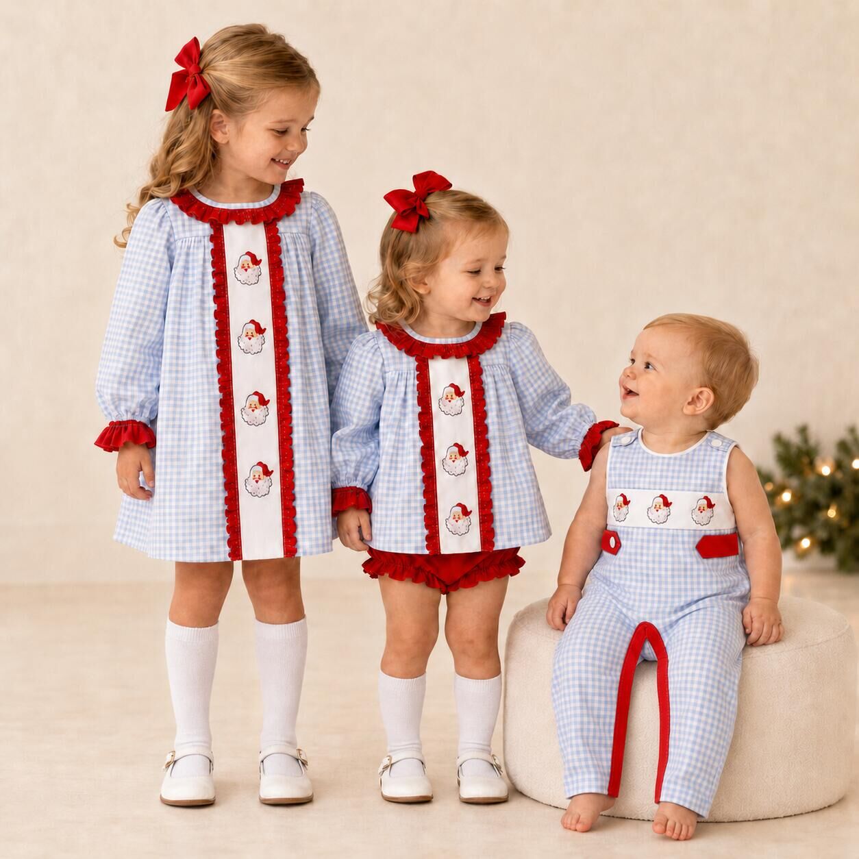 (Pre Order)Siblings Christmas Santa Claus Embroidery Dress,Set&Romper