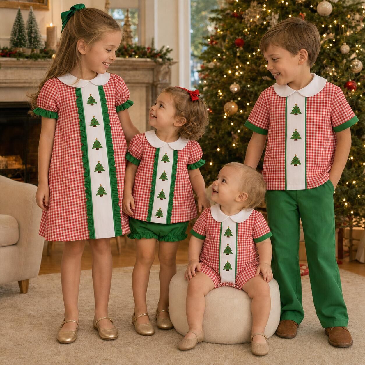 (Pre Order)Siblings Christmas Tree Embroidery Dress,Set&Romper