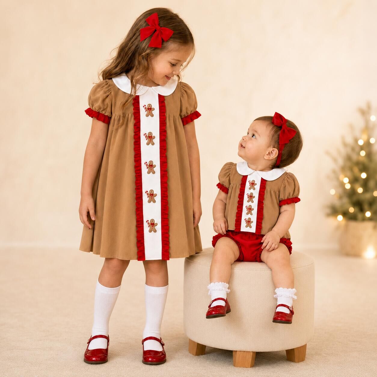 (Pre Order)Sisters Christmas Gingerbread Embroidery Dress&Romper