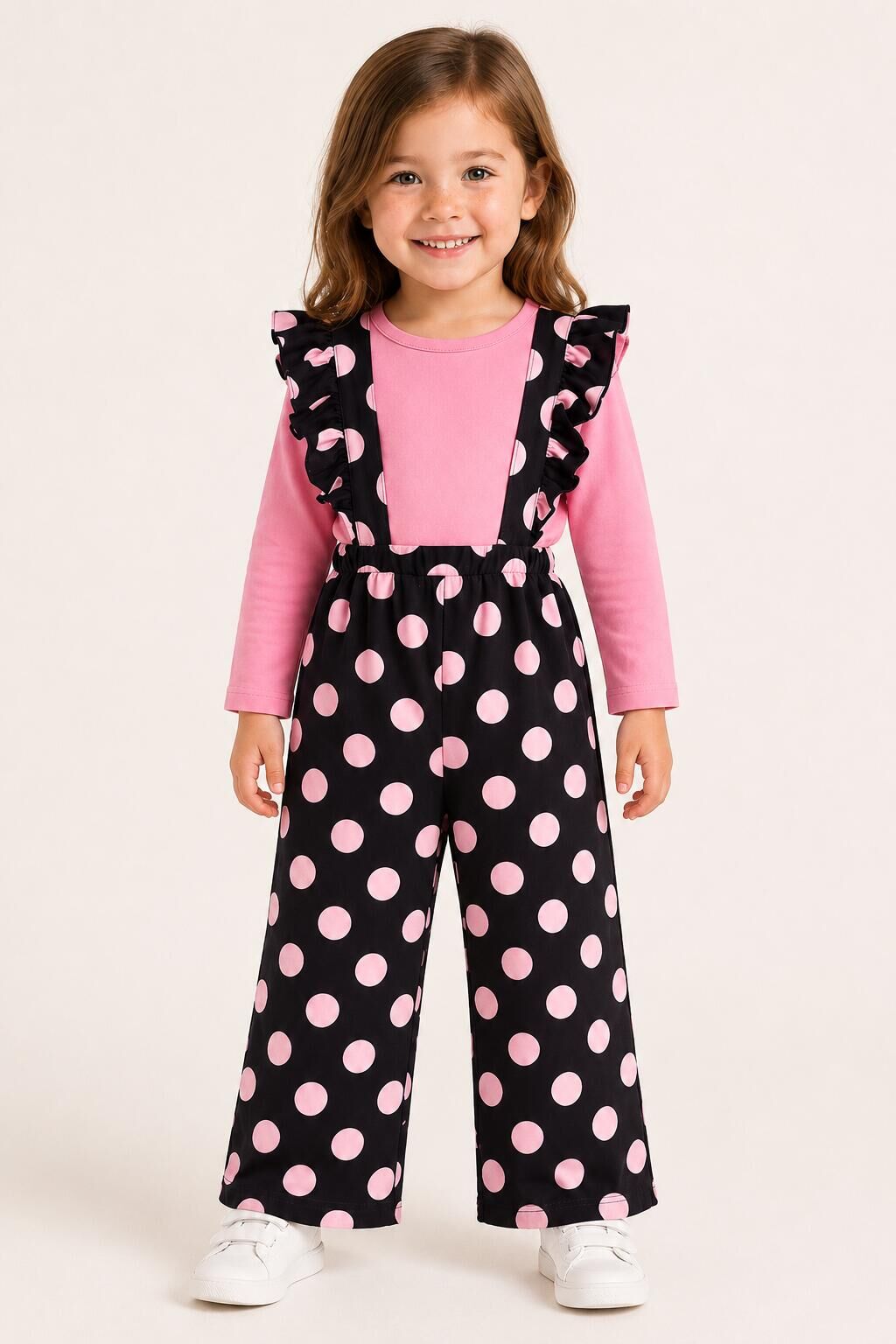 (In Stock)Girls Fall&Winter Pink Polka Dot Overalls Set