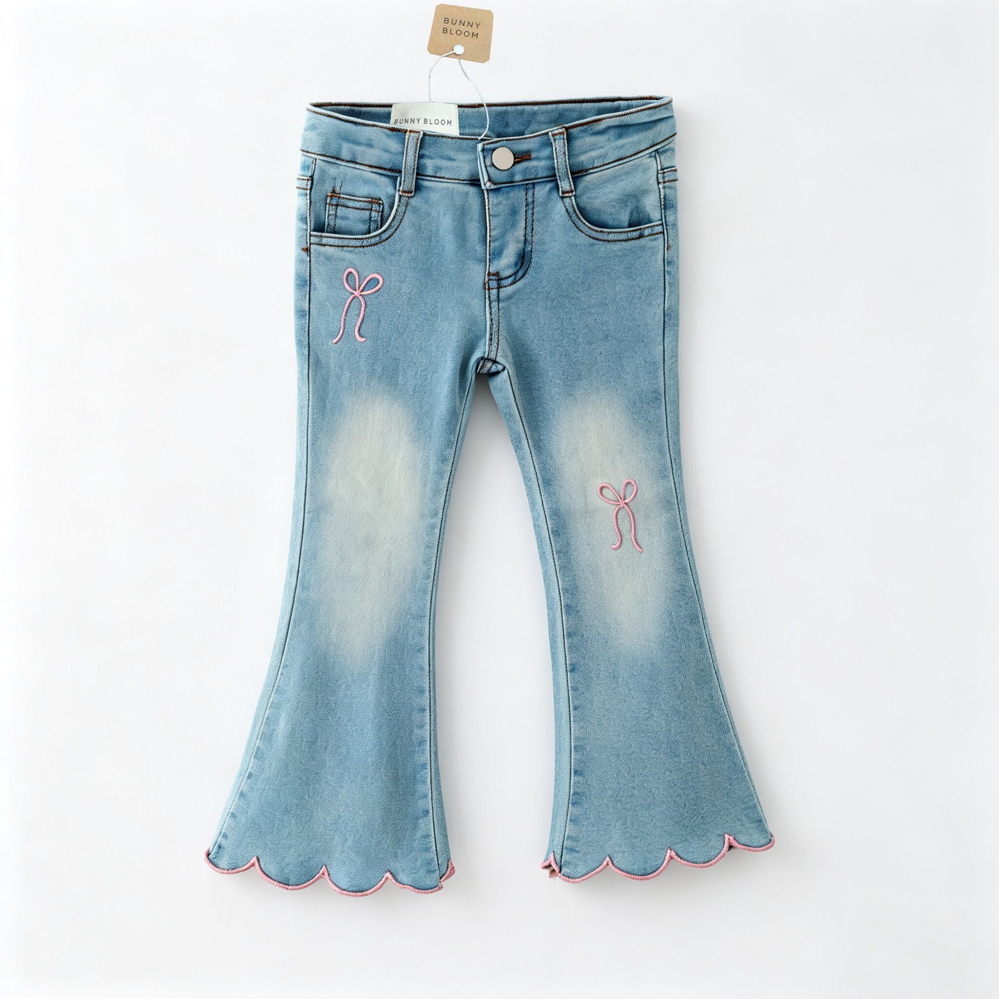 (In Stock)Girls Fall Bow Embroidery Scallop Jeans