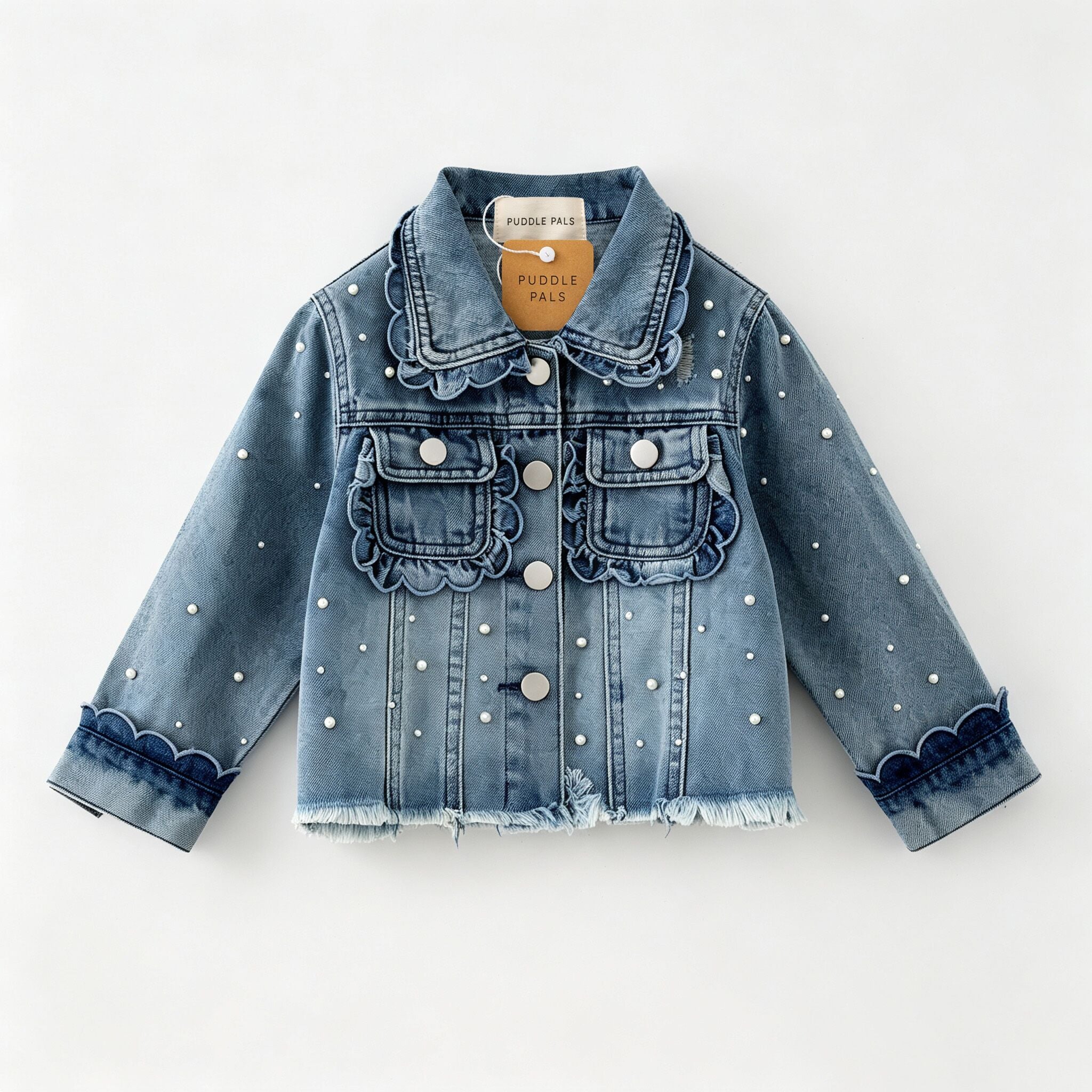 (In Stock)Girls Fall Pearl Scallop Denim Jacket