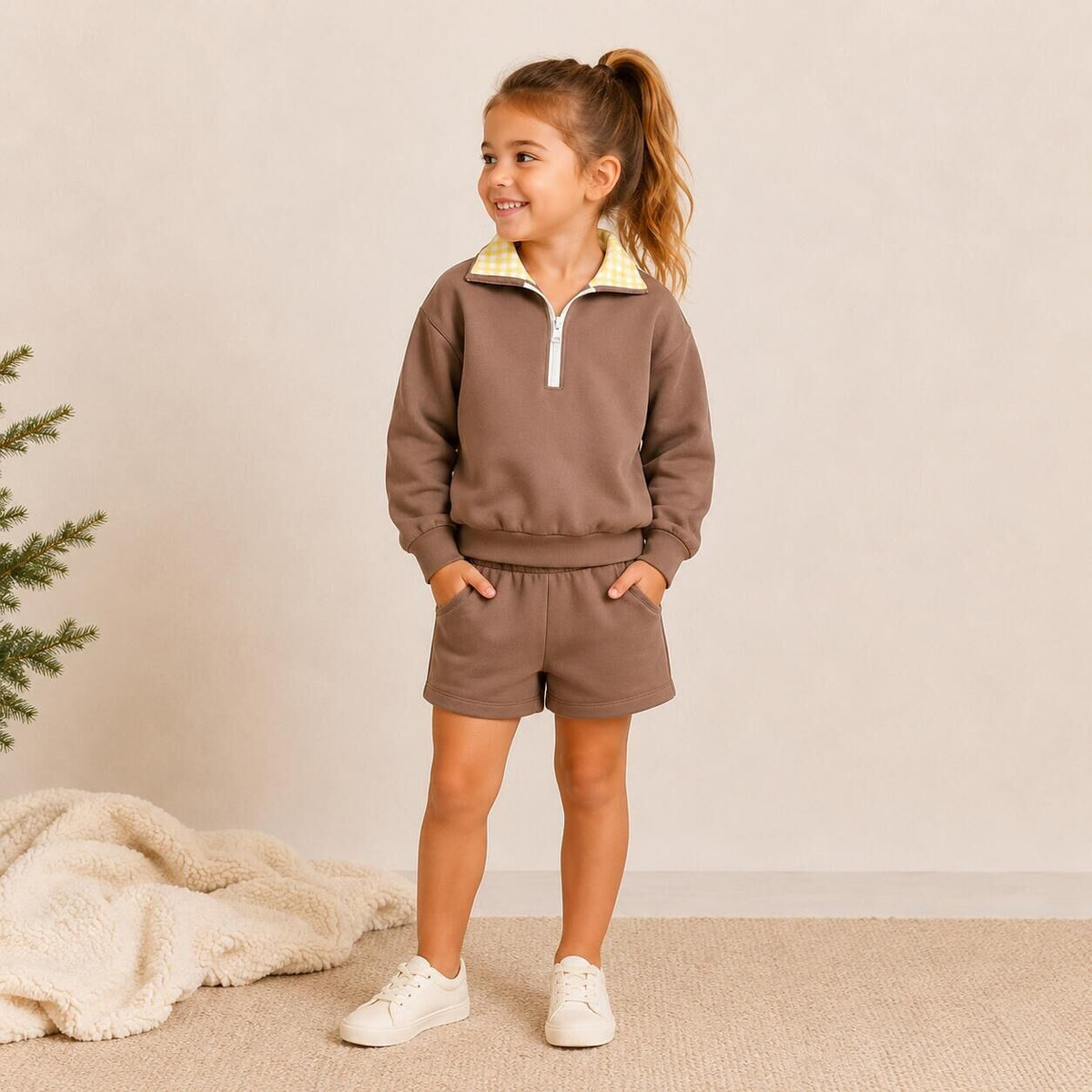 (Pre Order,Prepack Zone)Girls Fall Solid Color Zipper Pullover Set(Mix Size)