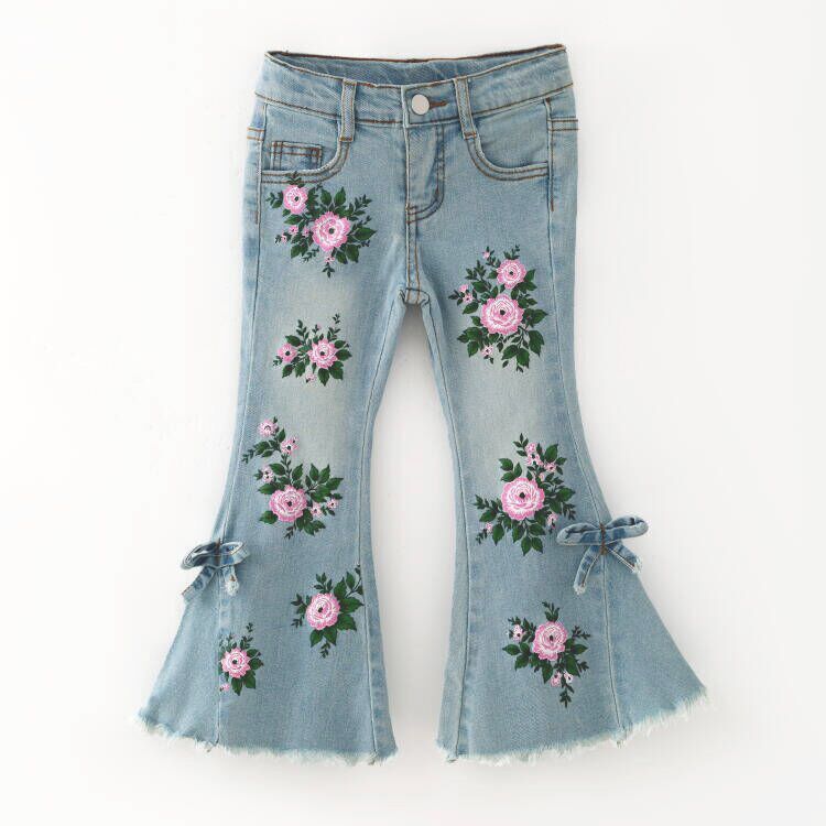 (In Stock)Girls Fall Floral Print Blue Flared Jeans