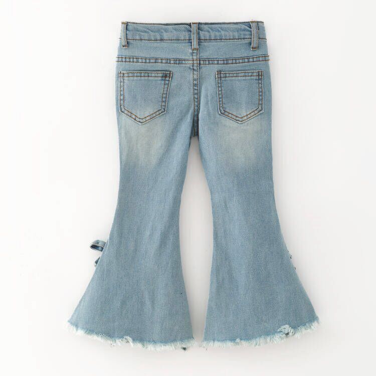 (In Stock)Girls Fall Floral Print Blue Flared Jeans
