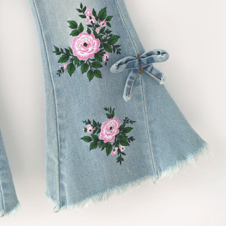 (In Stock)Girls Fall Floral Print Blue Flared Jeans
