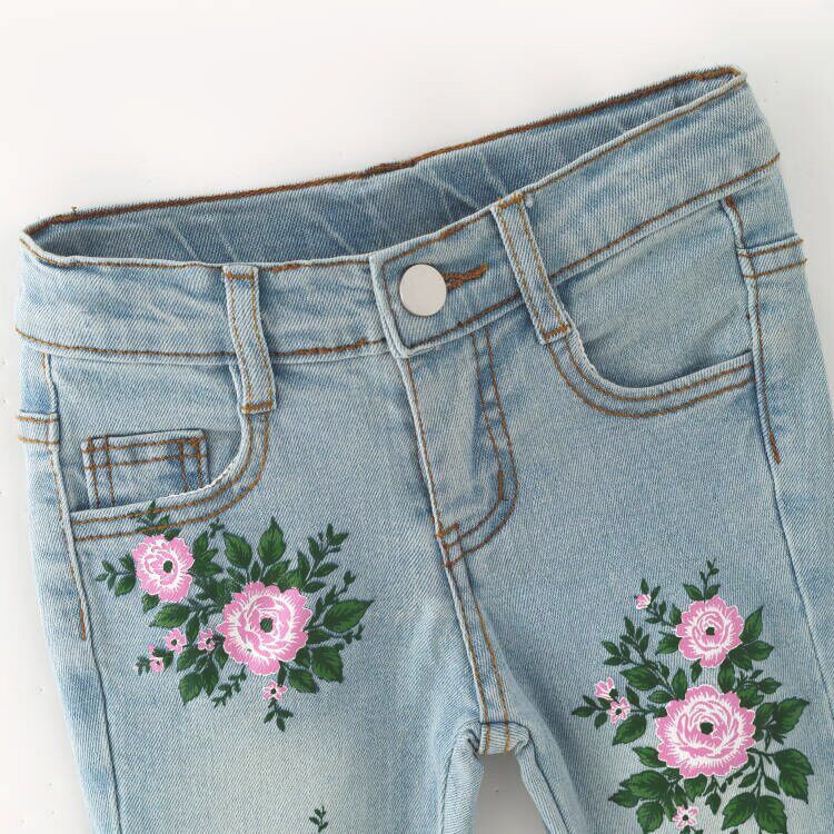 (In Stock)Girls Fall Floral Print Blue Flared Jeans