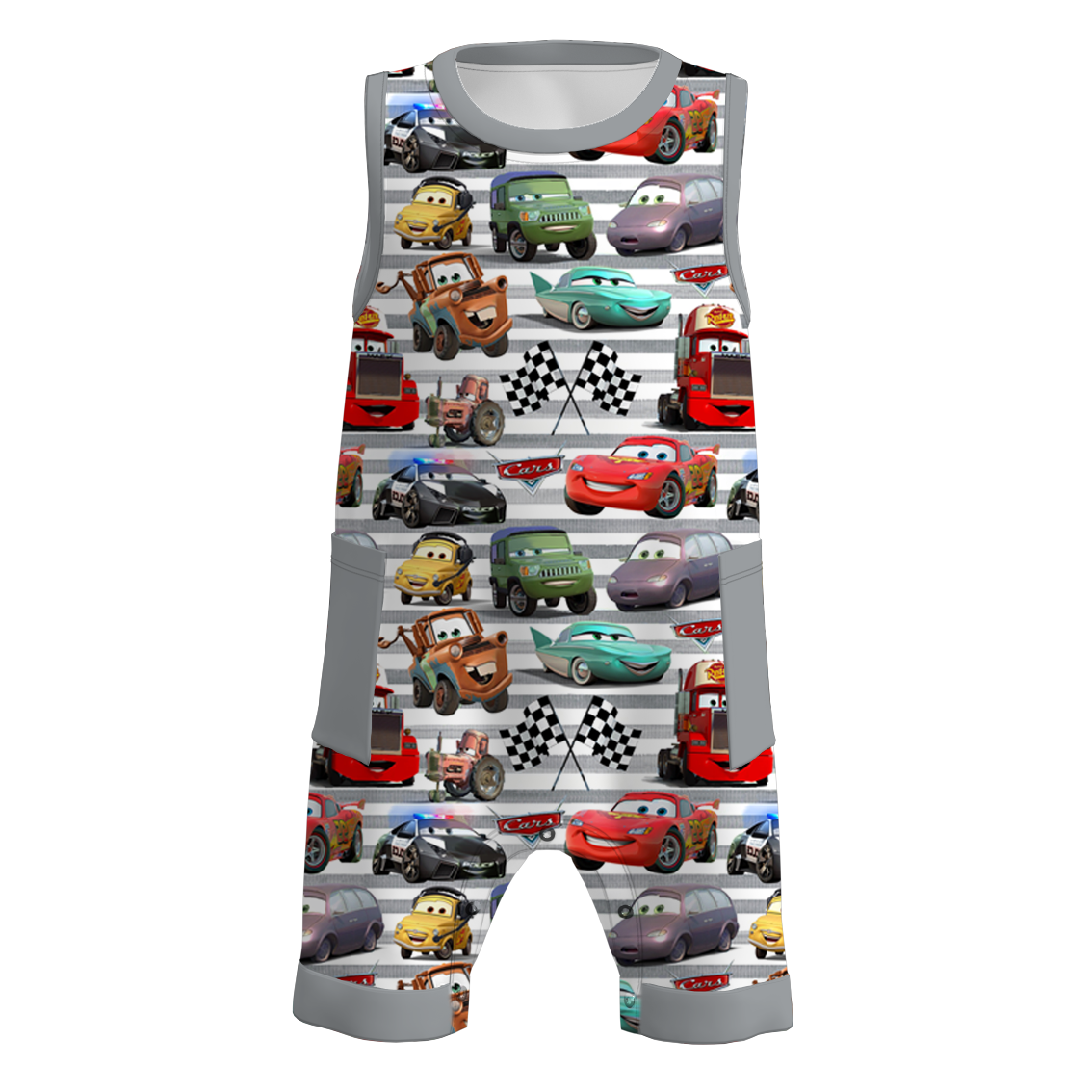 (Pre Order)Boys Summer Cars Pixar Print Pocket Sleeveless Romper