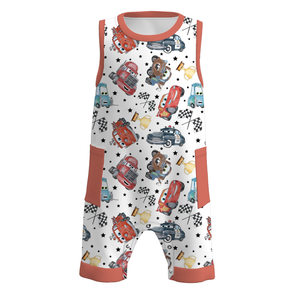 (Pre Order)Boys Summer Cars Pixar Print Pocket Sleeveless Romper