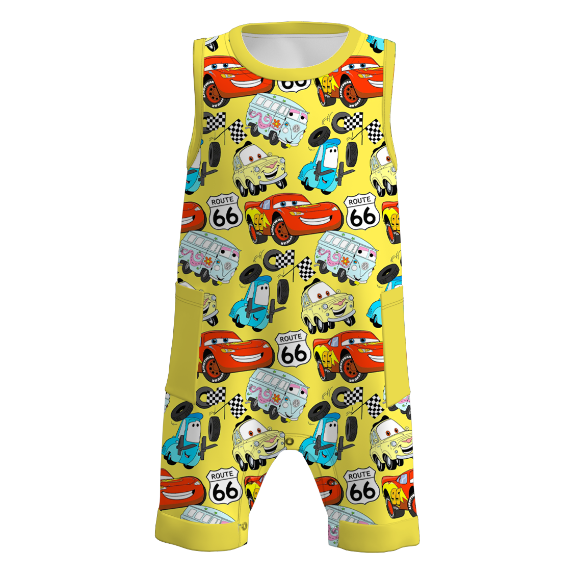 (Pre Order)Boys Summer Cars Pixar Print Pocket Sleeveless Romper