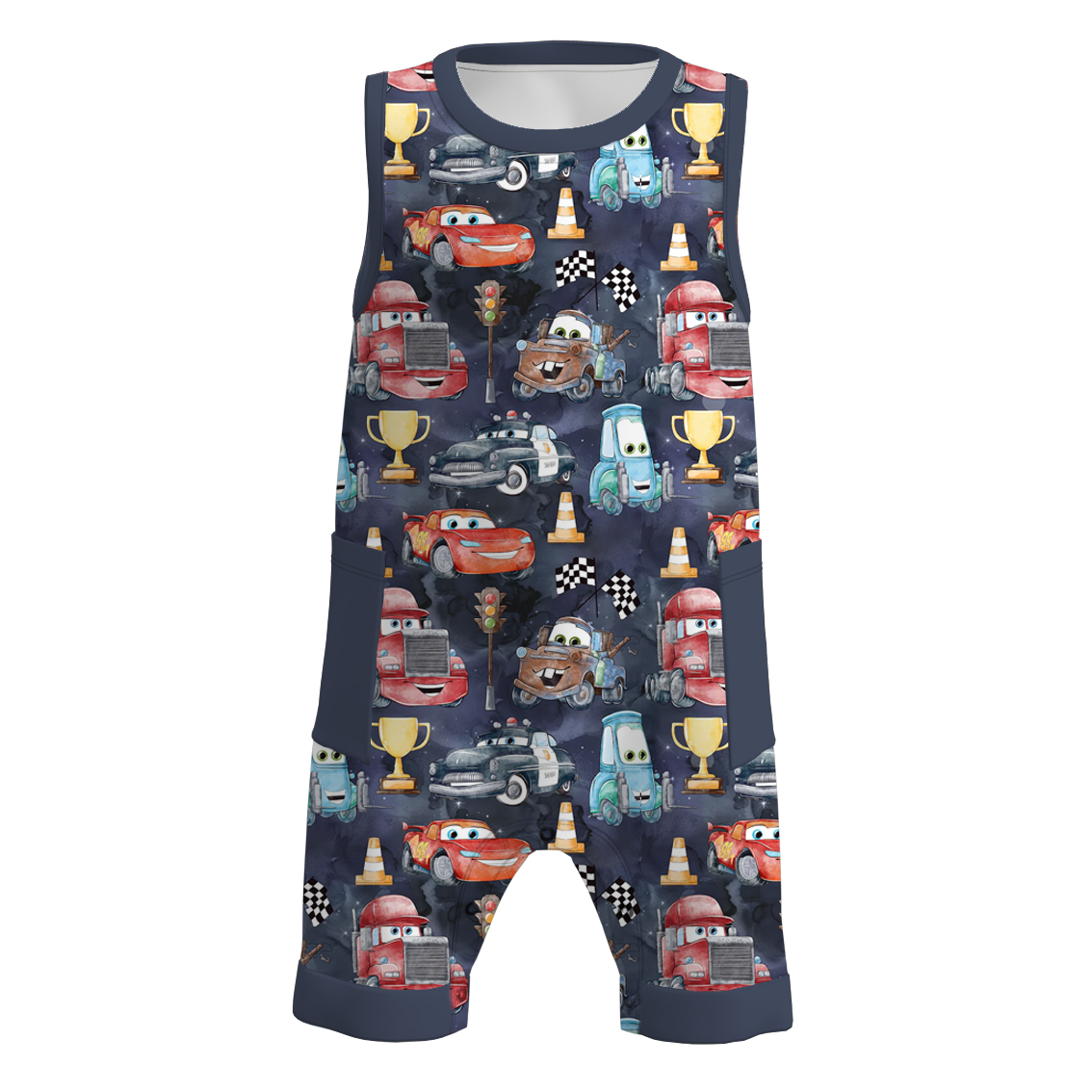 (Pre Order)Boys Summer Cars Pixar Print Pocket Sleeveless Romper