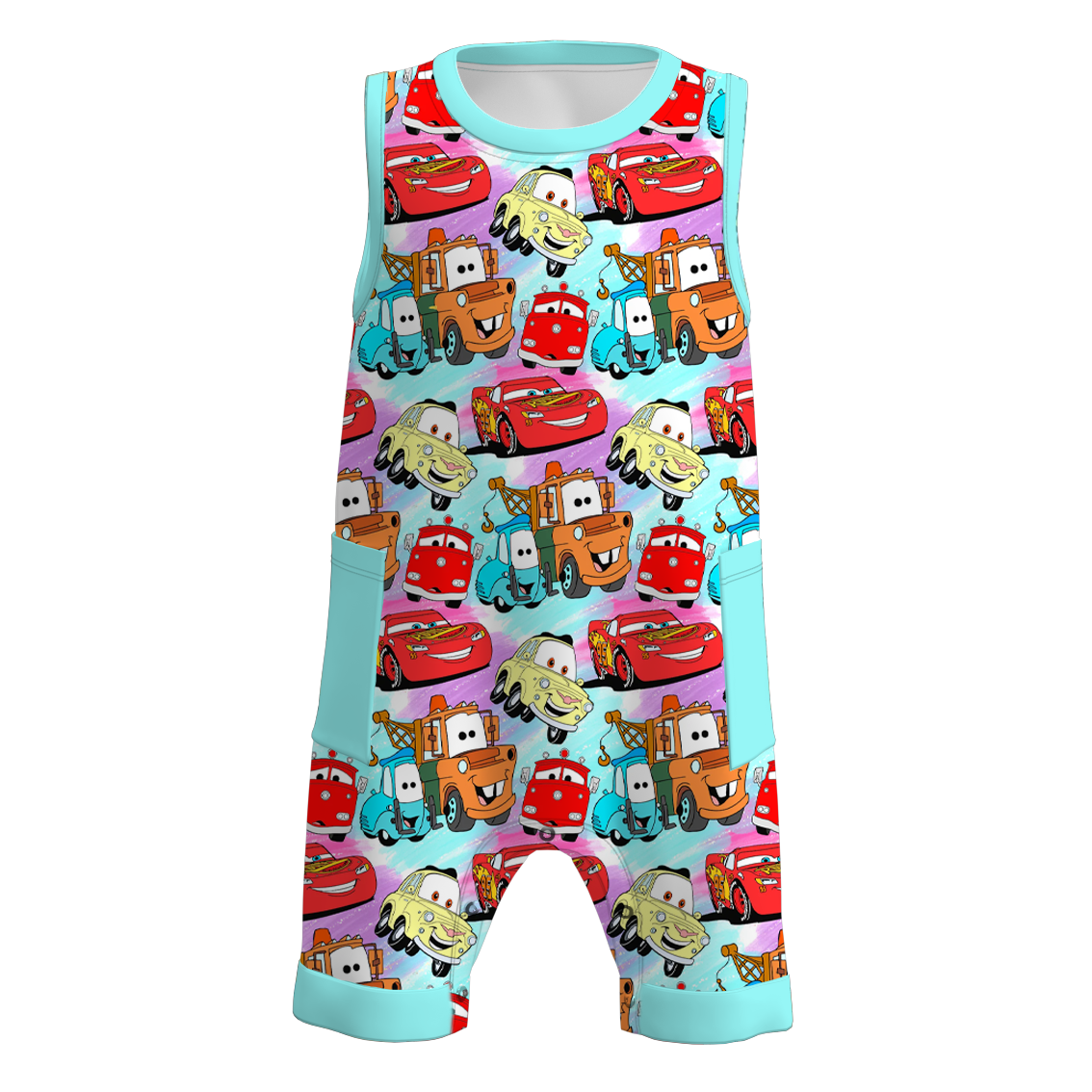(Pre Order)Boys Summer Cars Pixar Print Pocket Sleeveless Romper