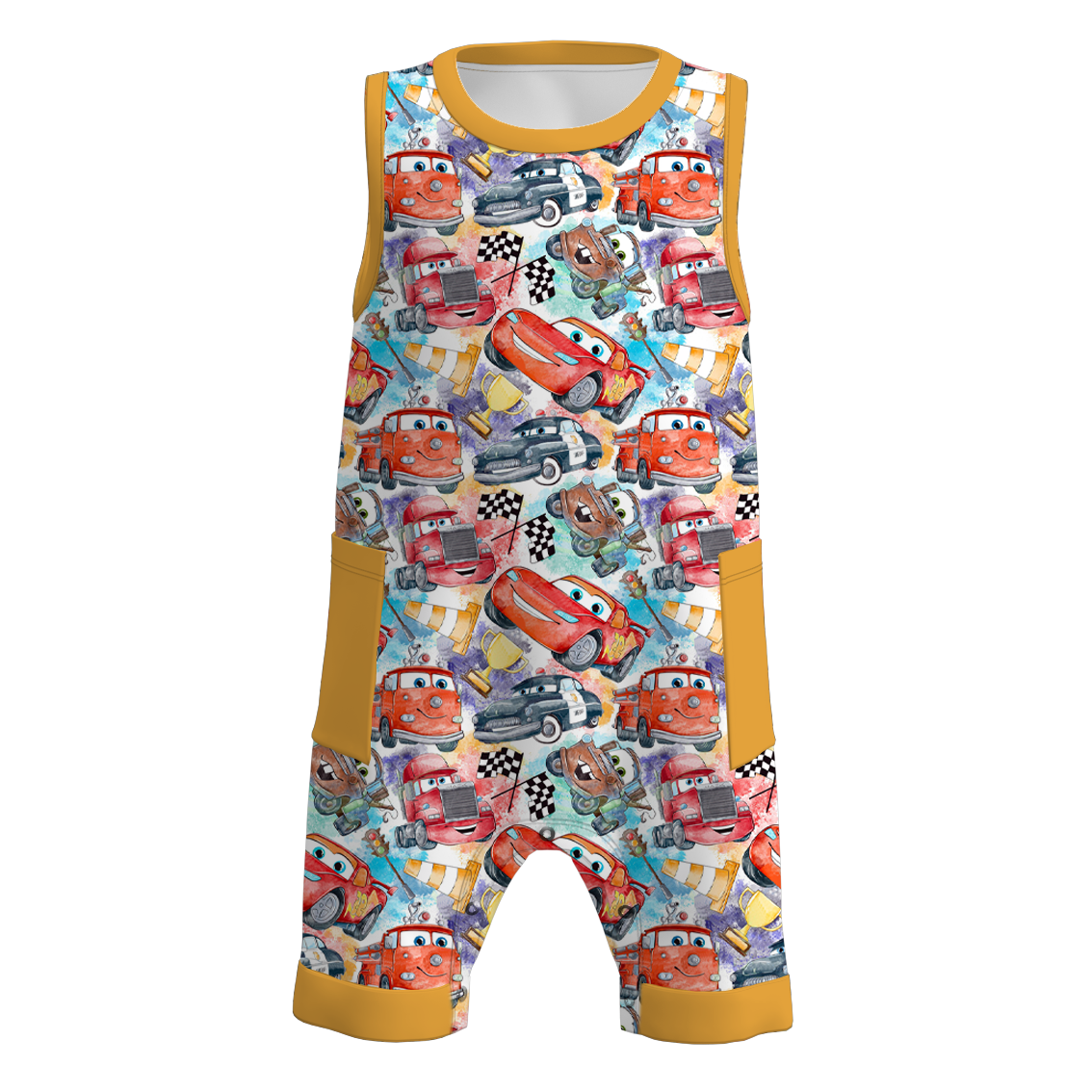 (Pre Order)Boys Summer Cars Pixar Print Pocket Sleeveless Romper