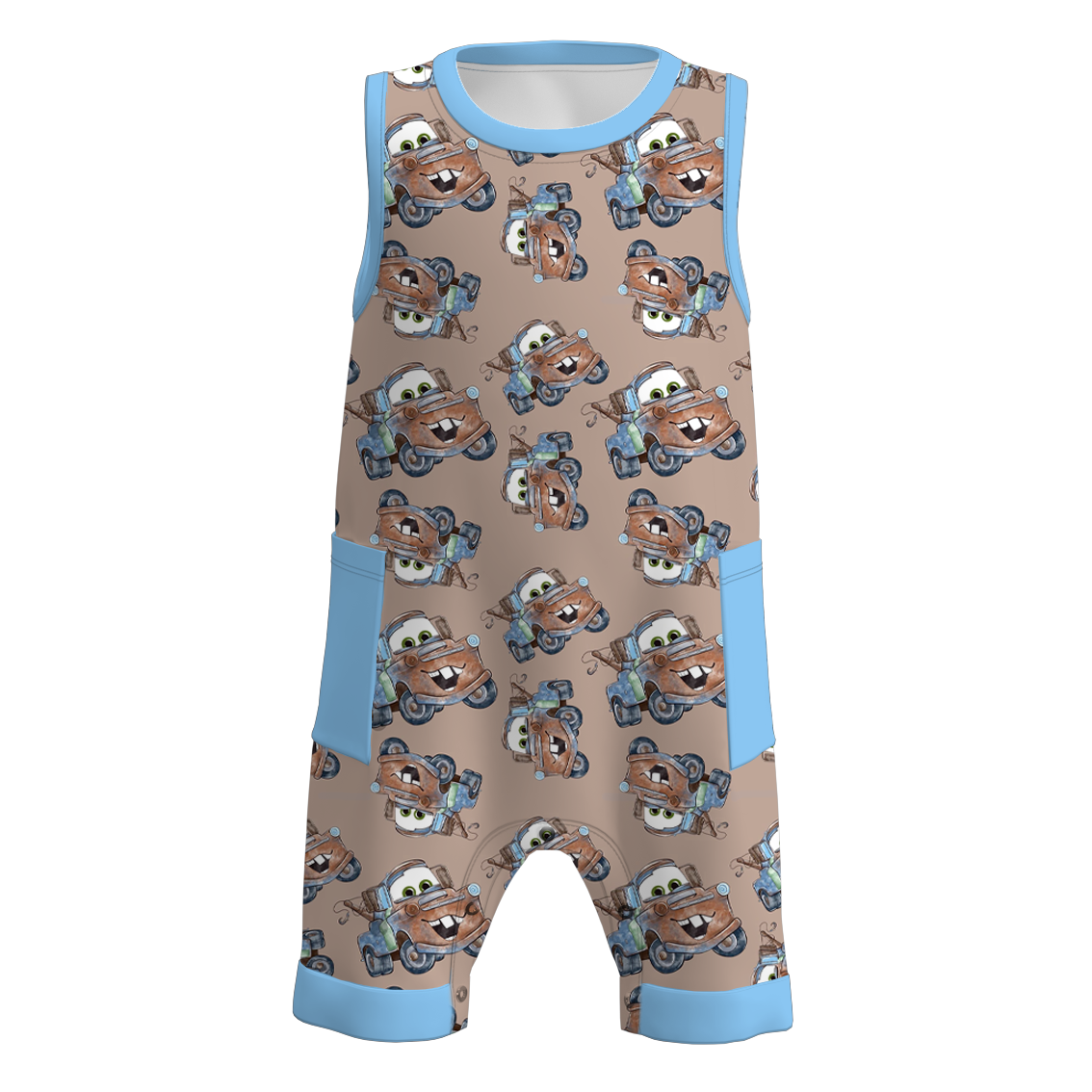 (Pre Order)Boys Summer Cars Pixar Print Pocket Sleeveless Romper
