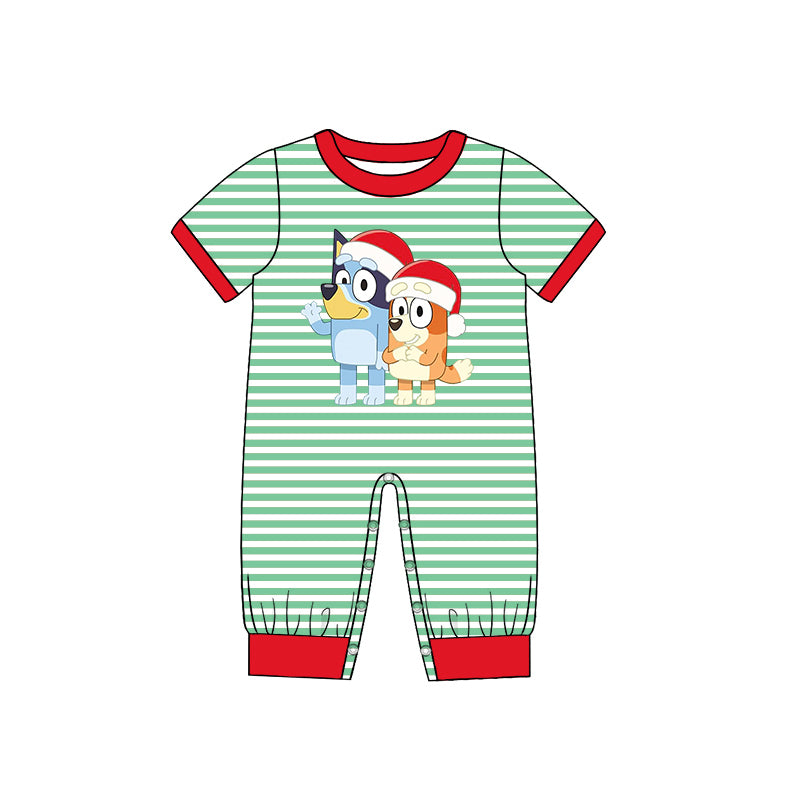 (Pre Order)Baby Boys Christmas Cartoon Print Green Stripe Romper