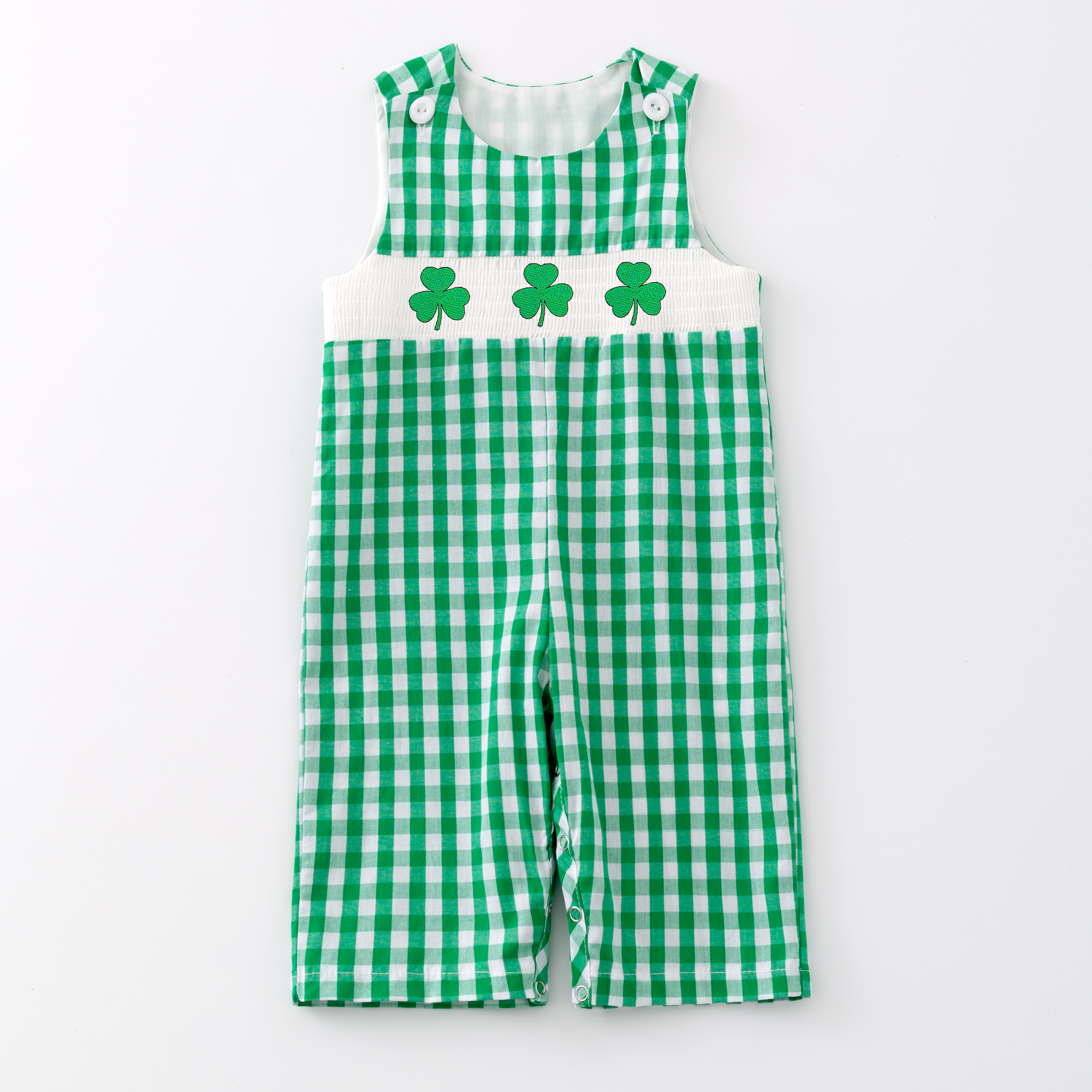 (Pre Order)St. Patrick's Day Shamrock Embroidery Smocked Romper Dress Outfit Set