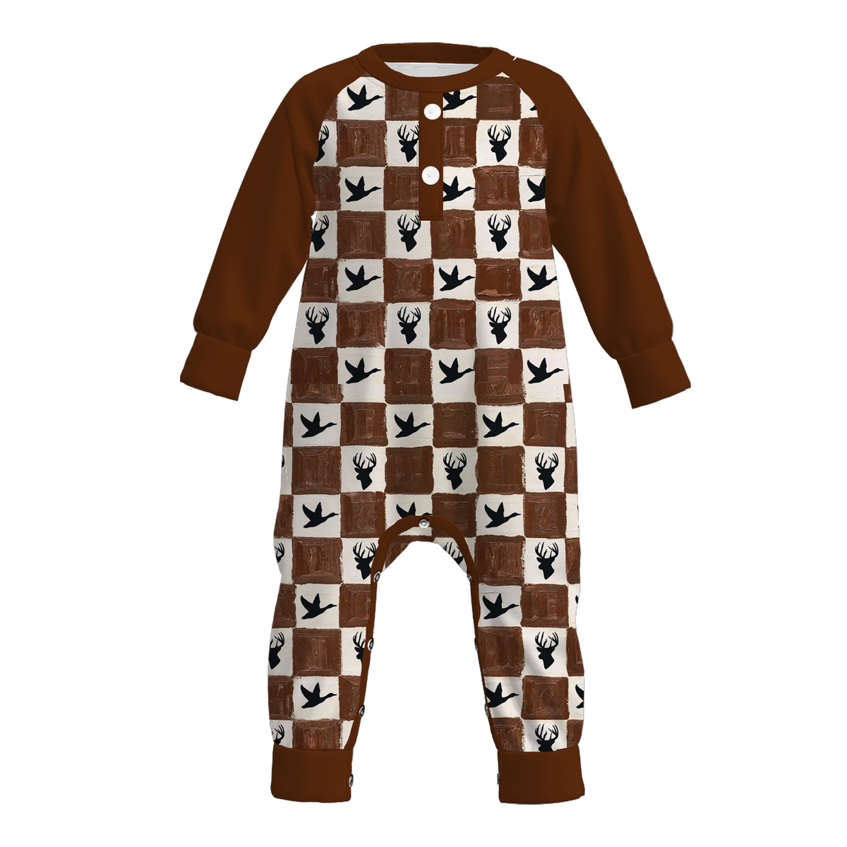 Front view of the long-sleeve baby romper in brown and cream check with deer and goose print, button placket and leg snaps