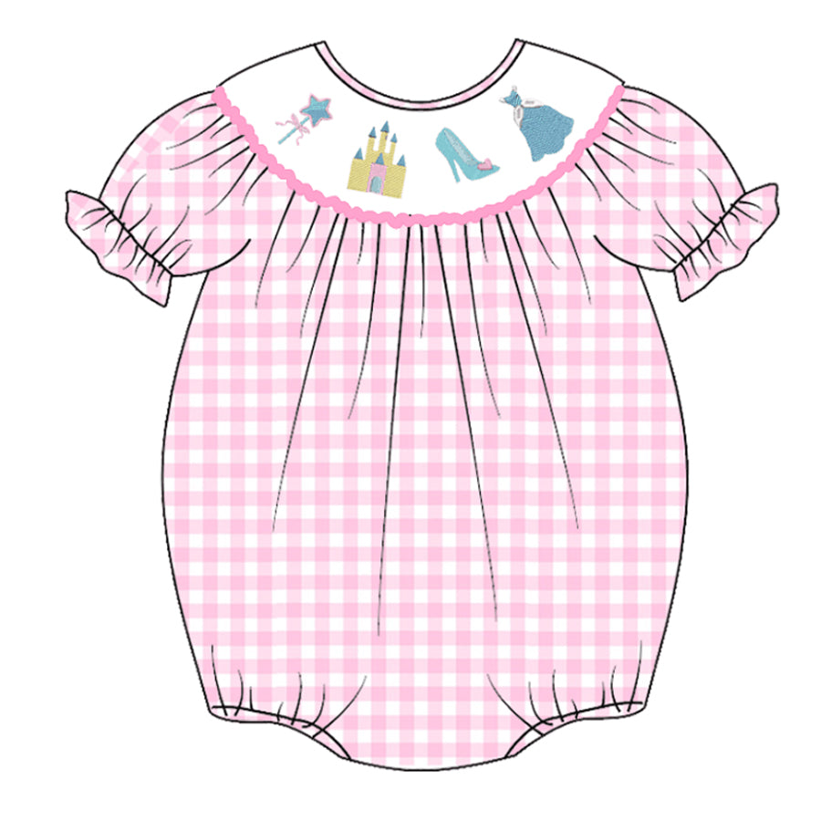 (Pre Order)Baby Girls Pink Plaid Embroidery Bubbles Smocked Romper