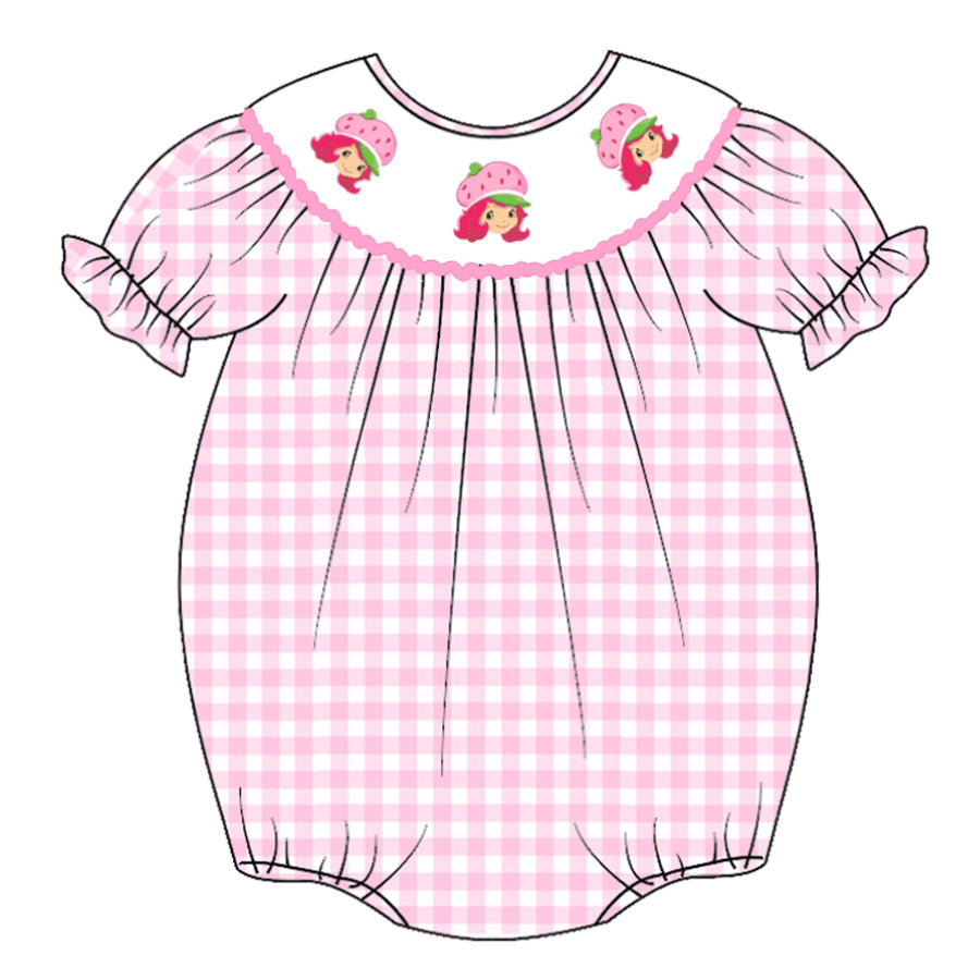 (Pre Order)Baby Girls Pink Plaid Embroidery Bubbles Smocked Romper