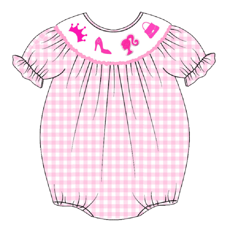 (Pre Order)Baby Girls Pink Plaid Embroidery Bubbles Smocked Romper