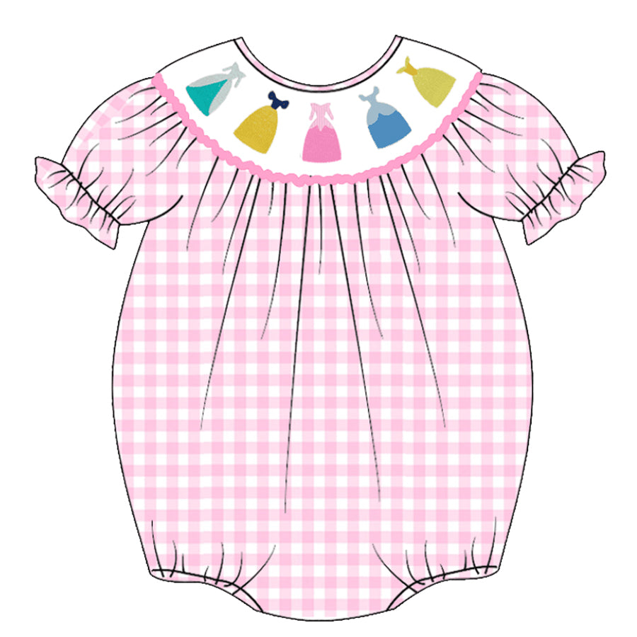 (Pre Order)Baby Girls Pink Plaid Embroidery Bubbles Smocked Romper