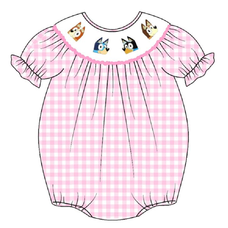 (Pre Order)Baby Girls Pink Plaid Embroidery Bubbles Smocked Romper