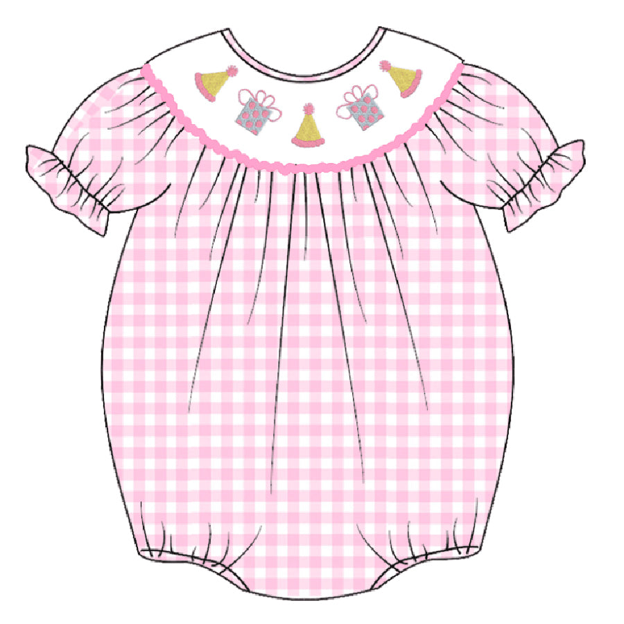 (Pre Order)Baby Girls Pink Plaid Embroidery Bubbles Smocked Romper