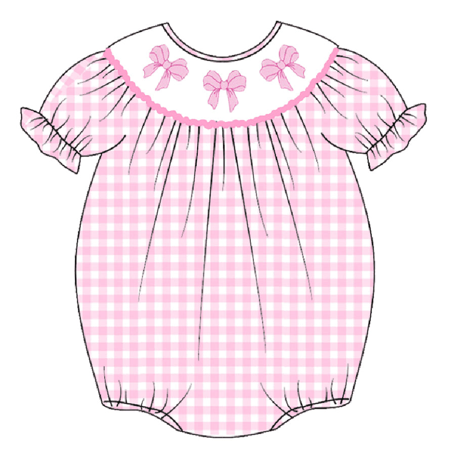 (Pre Order)Baby Girls Pink Plaid Embroidery Bubbles Smocked Romper