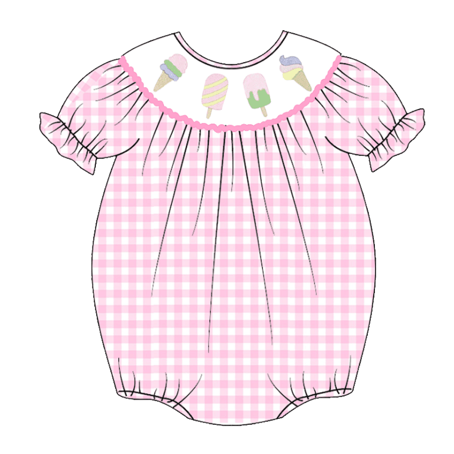 (Pre Order)Baby Girls Pink Plaid Embroidery Bubbles Smocked Romper