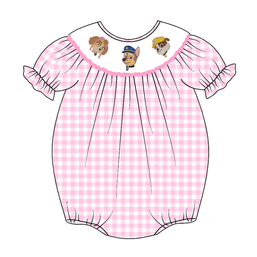 (Pre Order)Baby Girls Pink Plaid Embroidery Bubbles Smocked Romper