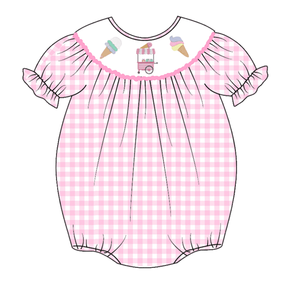 (Pre Order)Baby Girls Pink Plaid Embroidery Bubbles Smocked Romper