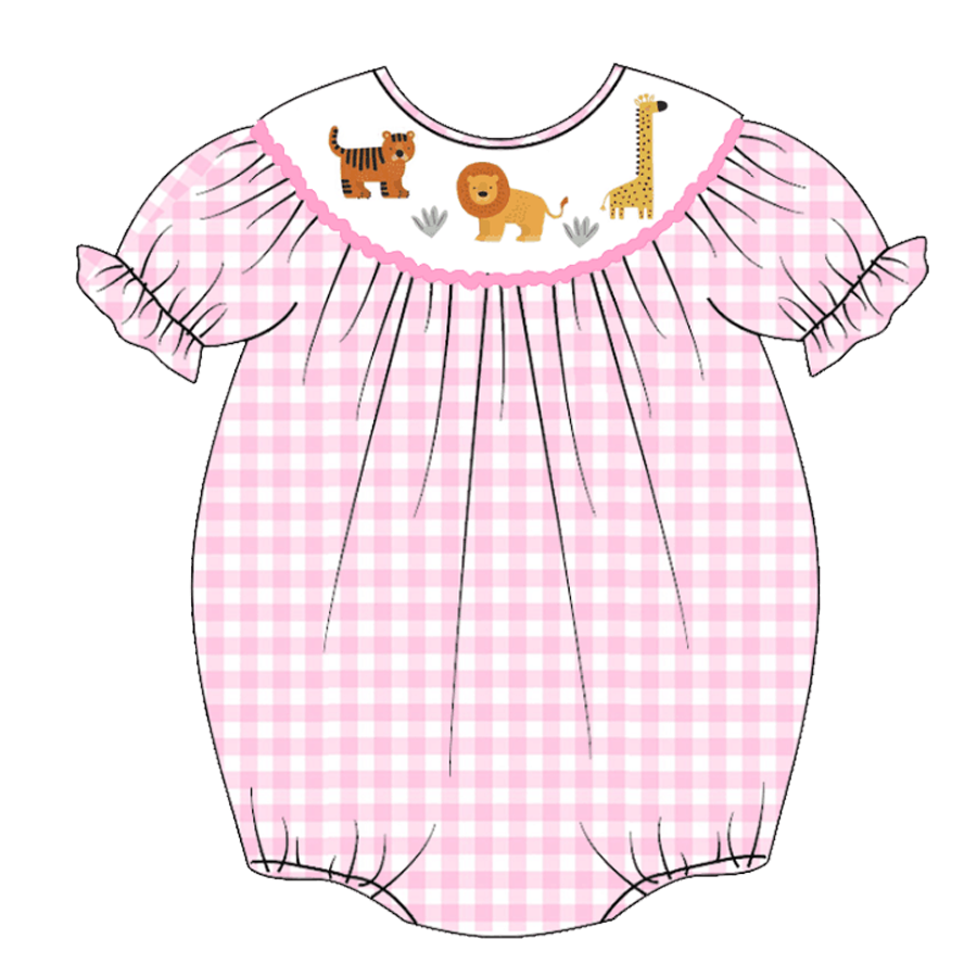 (Pre Order)Baby Girls Pink Plaid Embroidery Bubbles Smocked Romper