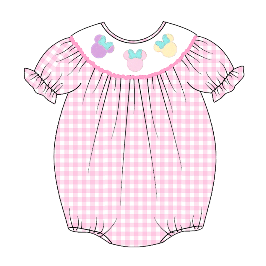 (Pre Order)Baby Girls Pink Plaid Embroidery Bubbles Smocked Romper