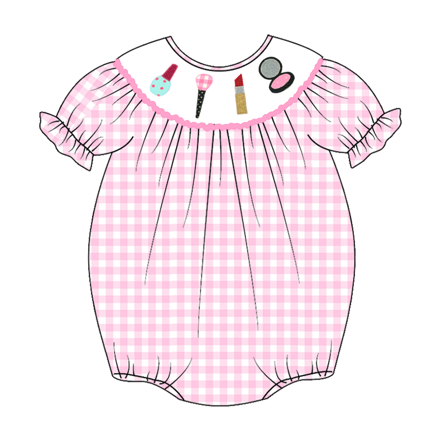 (Pre Order)Baby Girls Pink Plaid Embroidery Bubbles Smocked Romper