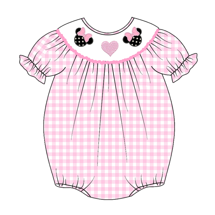 (Pre Order)Baby Girls Pink Plaid Embroidery Bubbles Smocked Romper