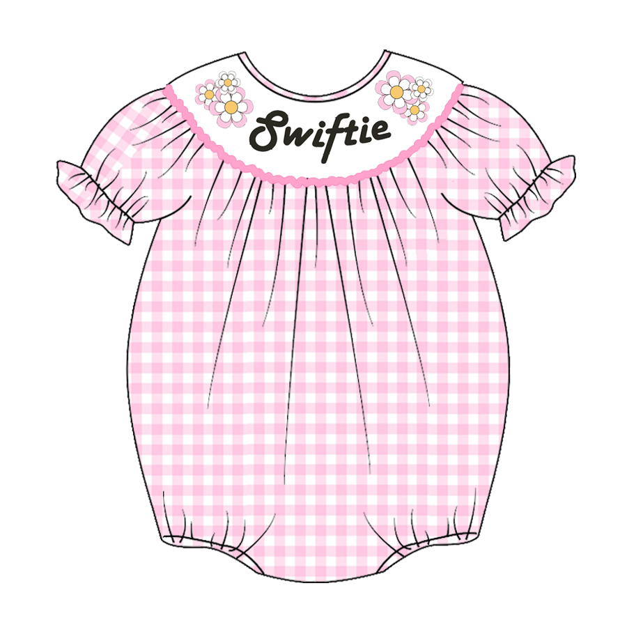 (Pre Order)Baby Girls Pink Plaid Embroidery Smocked Romper