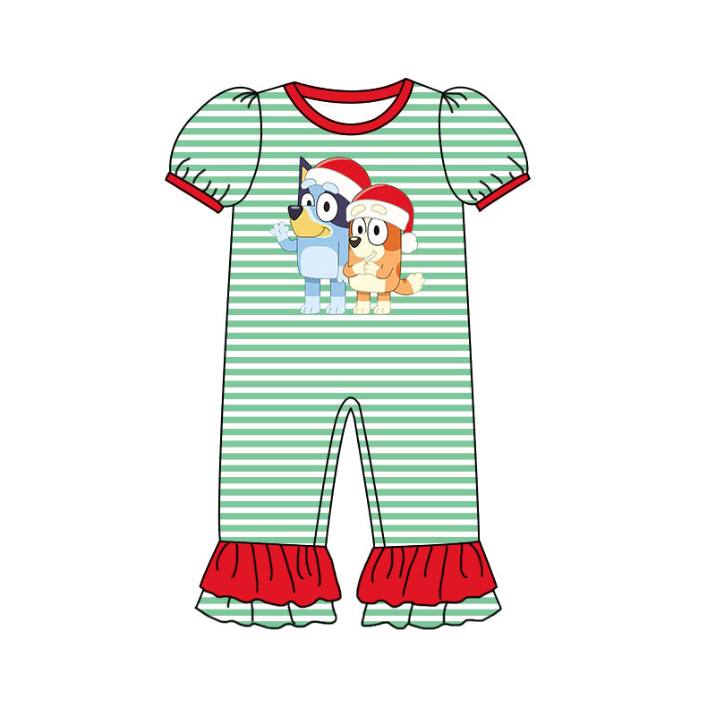 (Pre Order)Baby Girls Christmas Cartoon Print Green Stripe Romper