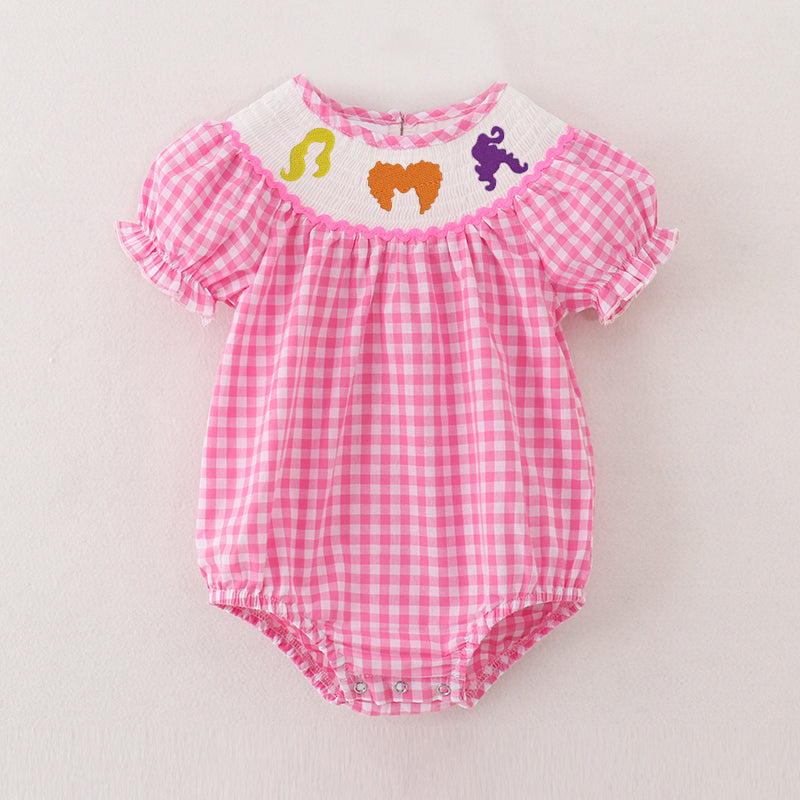 (Pre Order)Baby Girls Pink Plaid Halloween Embroidery Smocked Romper