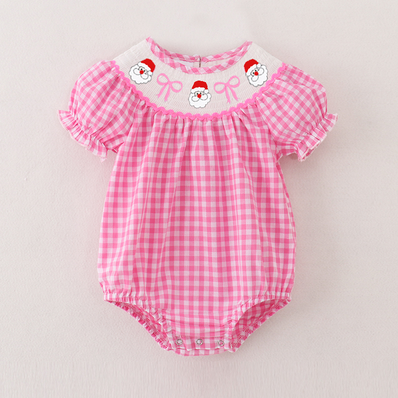 (Pre Order)Baby Girls Pink Plaid Christmas Embroidery Smocked Romper