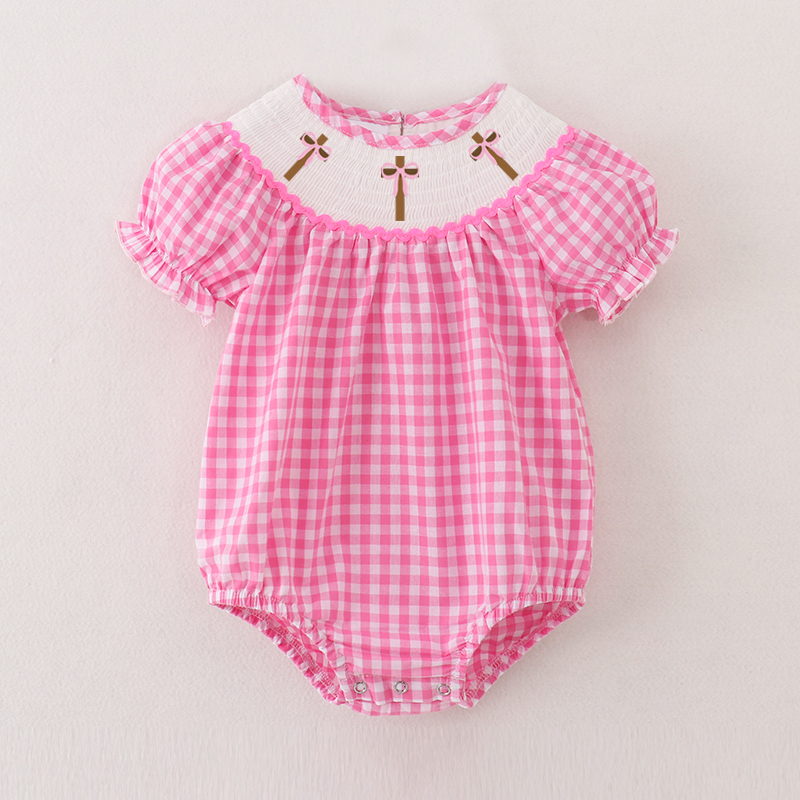 (Pre Order)Baby Girls Pink Plaid Christmas Embroidery Smocked Romper