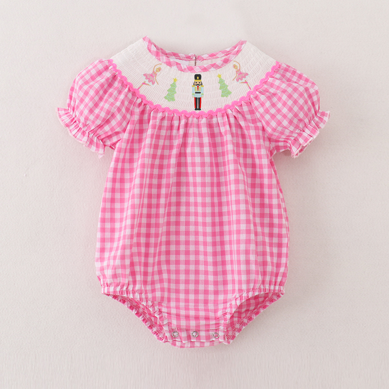 (Pre Order)Baby Girls Pink Plaid Christmas Embroidery Smocked Romper