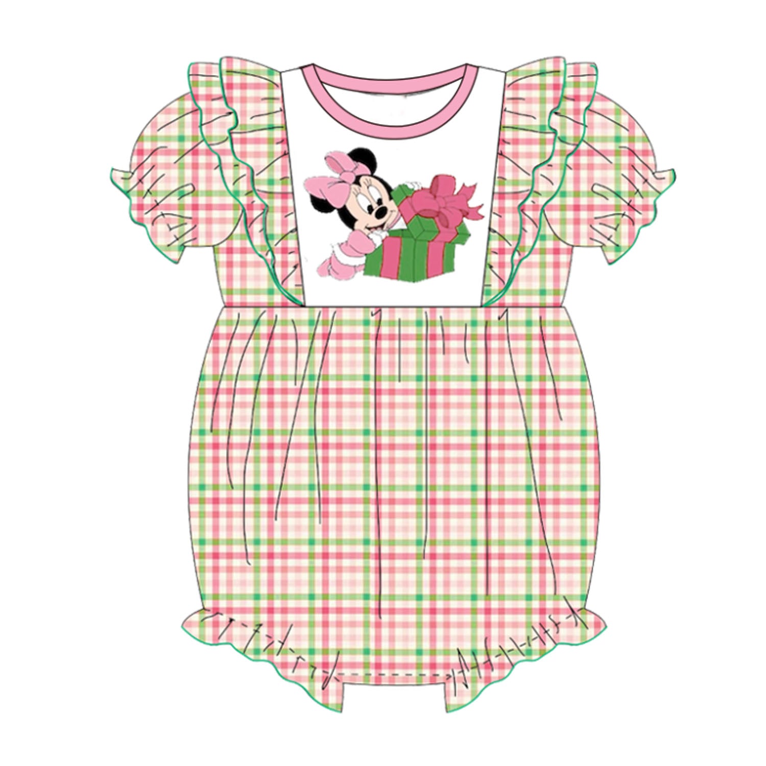 (Pre Order)Baby Girls Christmas Cartoon Print Plaid Romper