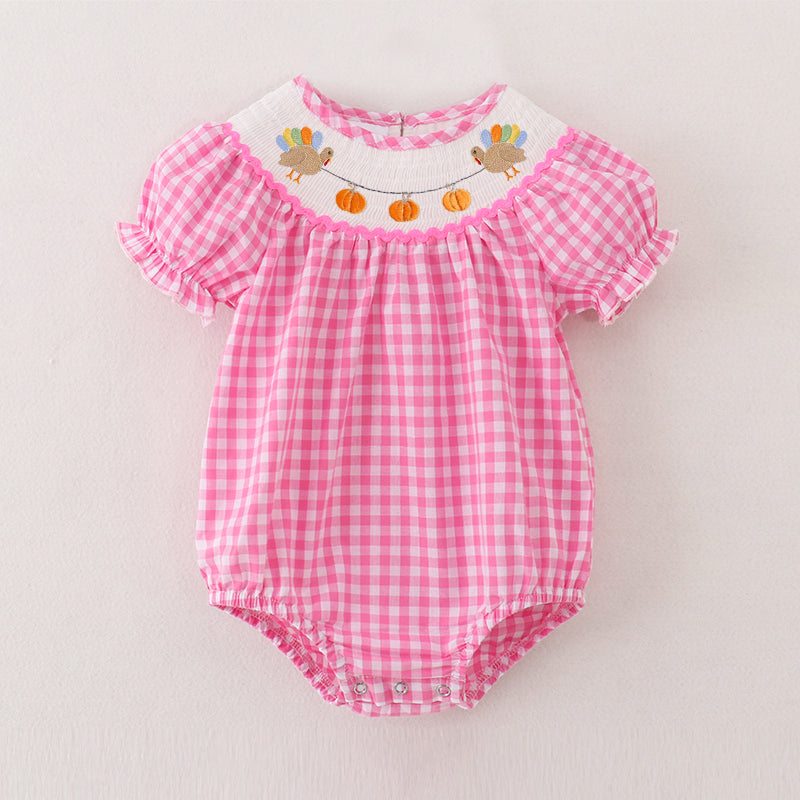 (Pre Order)Baby Girls Pink Plaid Thanksgiving Embroidery Smocked Romper