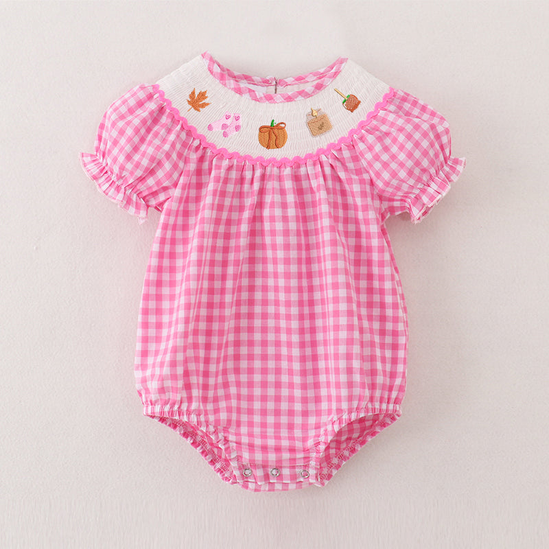 (Pre Order)Baby Girls Pink Plaid Thanksgiving Embroidery Smocked Romper
