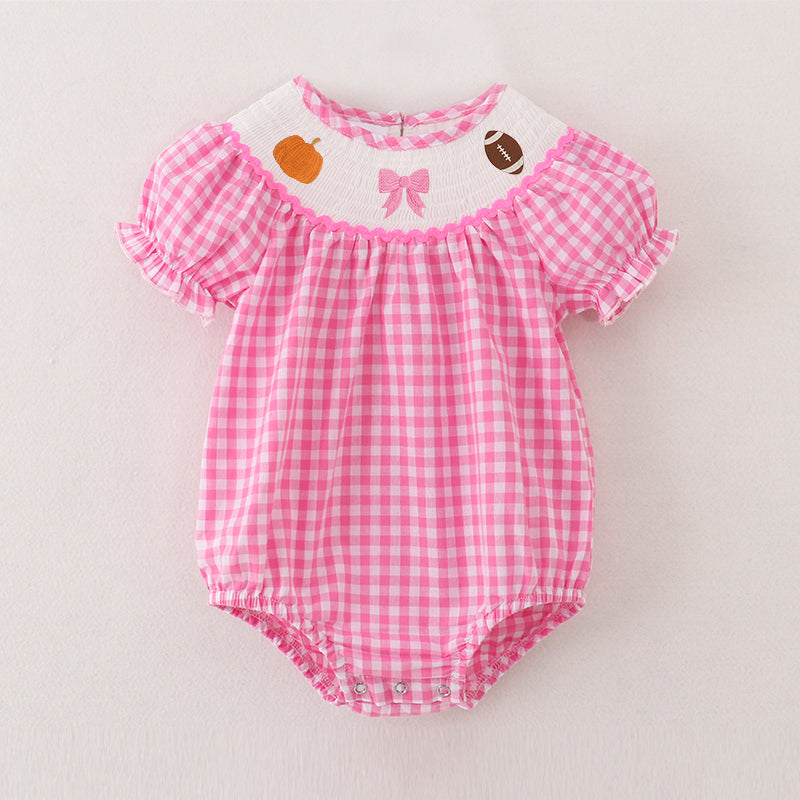 (Pre Order)Baby Girls Pink Plaid Thanksgiving Embroidery Smocked Romper