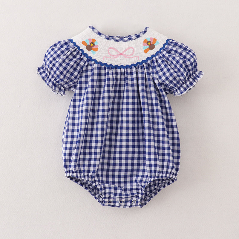 (Pre Order)Baby Girls Blue Plaid Thanksgiving Embroidery Smocked Romper