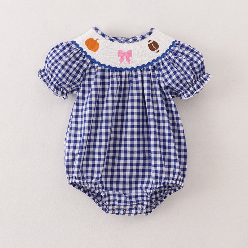 (Pre Order)Baby Girls Blue Plaid Thanksgiving Embroidery Smocked Romper