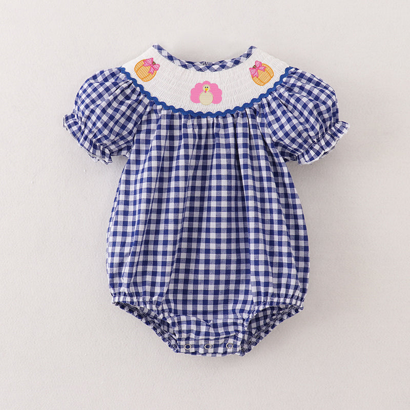 (Pre Order)Baby Girls Blue Plaid Thanksgiving Embroidery Smocked Romper