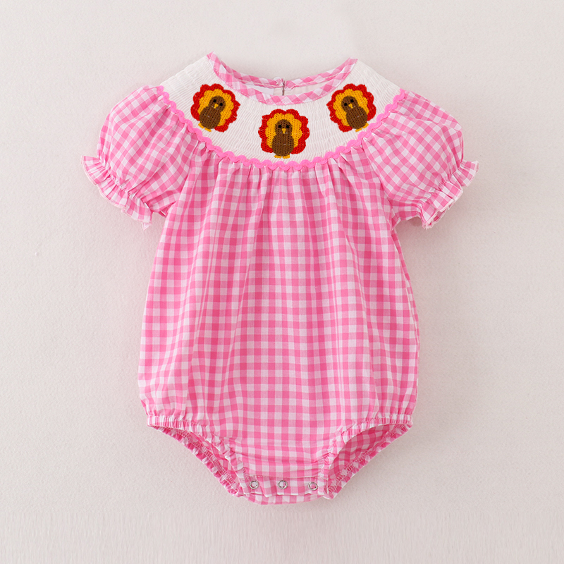 (Pre Order)Baby Girls Pink Plaid Thanksgiving Embroidery Smocked Romper